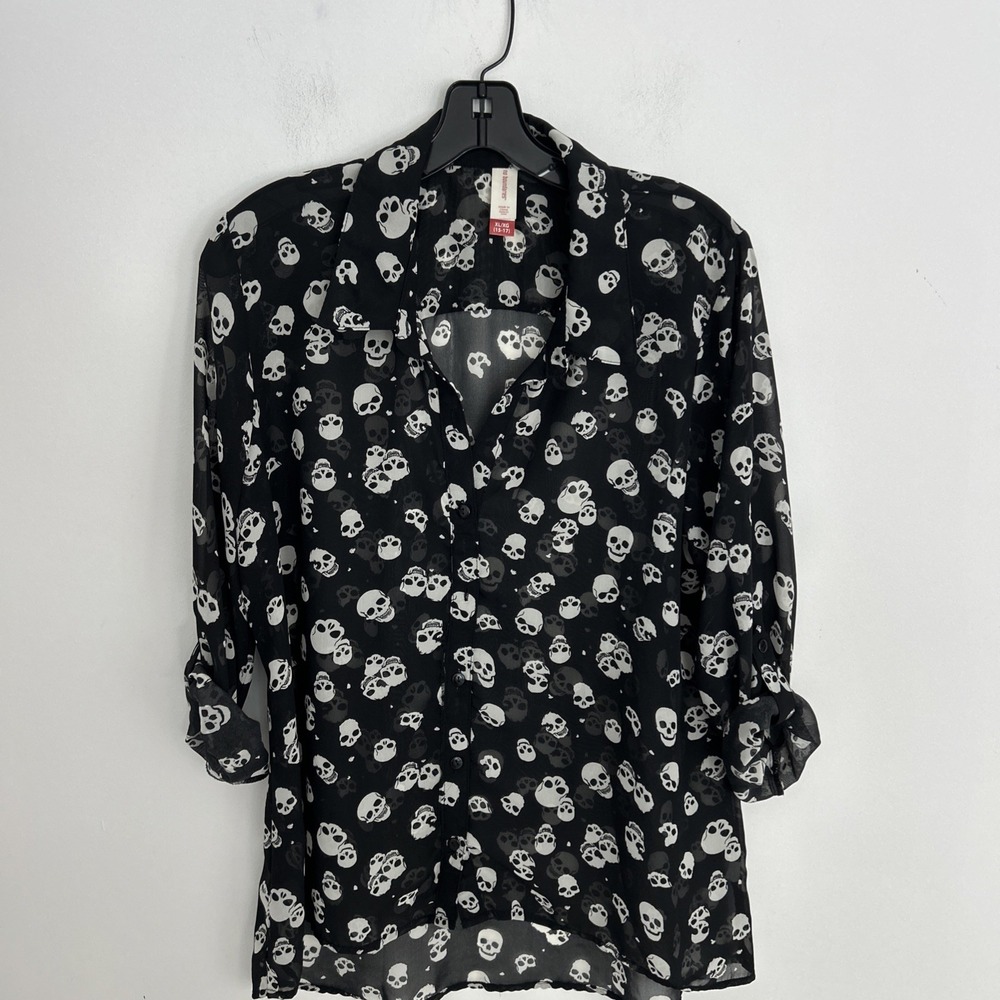 Women's L  Chiffon Black White Skull Long Sleeve Black White Biker Goth‎ Blouse